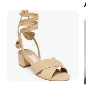 Brian Atwood B-Astor Black Nubuck Ankle Wrap Block Heel Sandals Size 8 Beige NEW